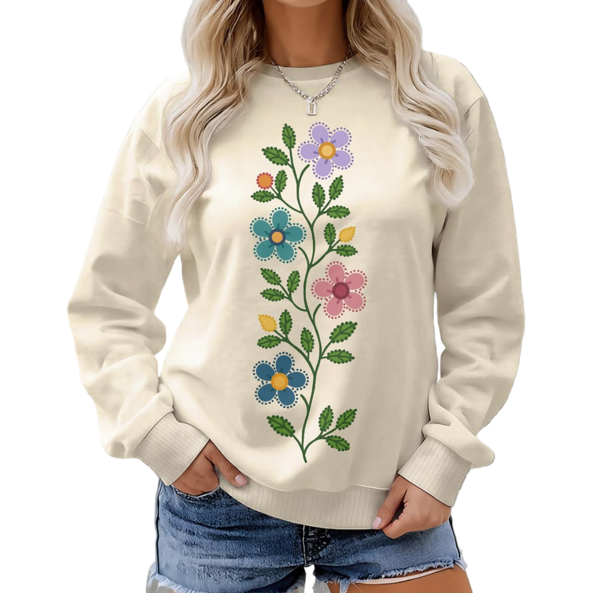 Métis Dotted Floral Fleece Crew Neck Sweatshirt
